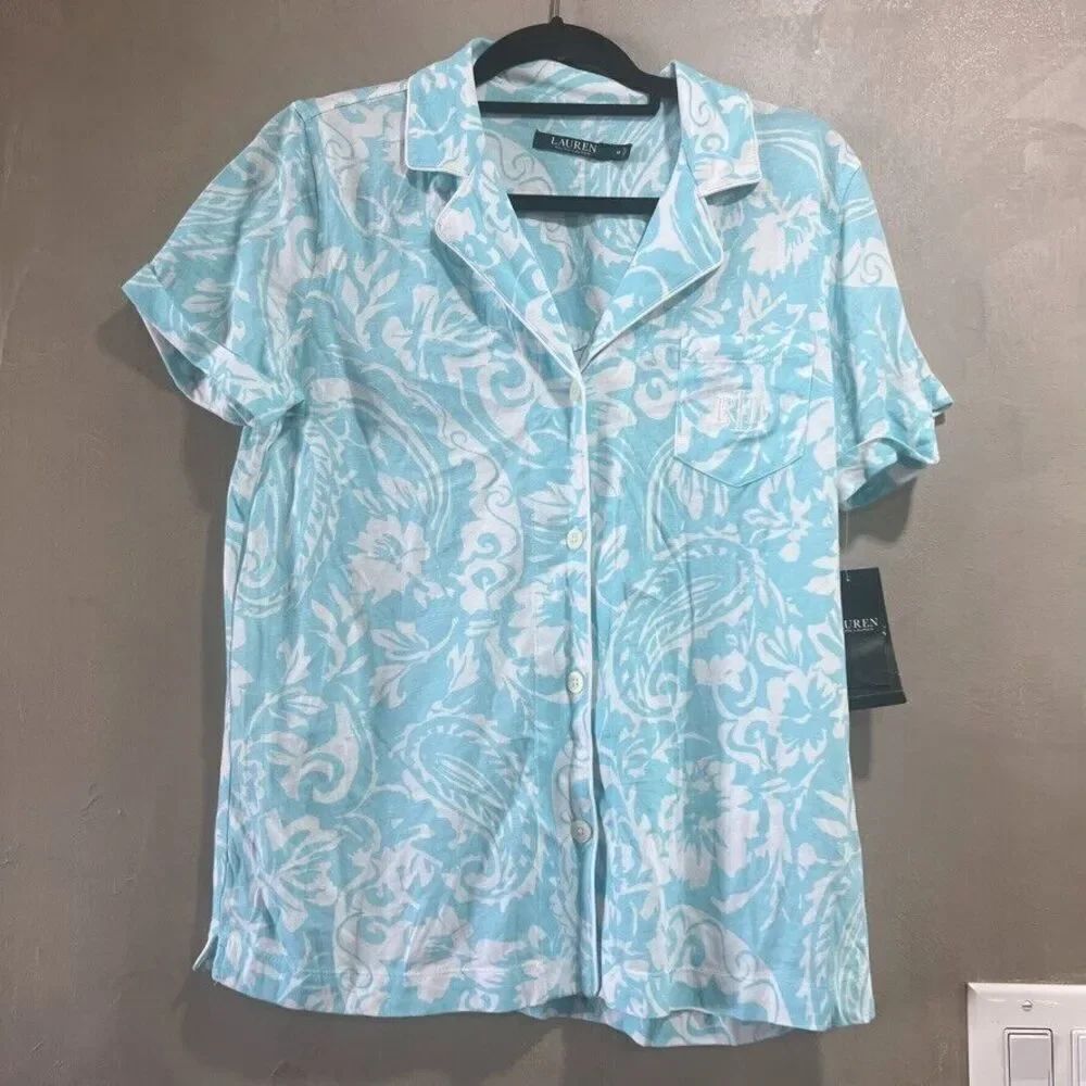 Lauren Ralph Lauren Blue Floral Pajama Lounge Shirt Medium NWT